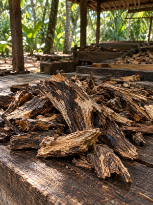 EBANO – Harzreiche Oud-Holzstücke in einer offenen Sortierwerkstatt.