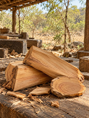 EBANO – Helles Sandelholz mit sichtbarer Maserung auf einer Werkbank.