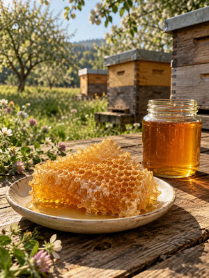 PASSIONE – Goldener Honig und Honigwaben an einem Bienenstand.