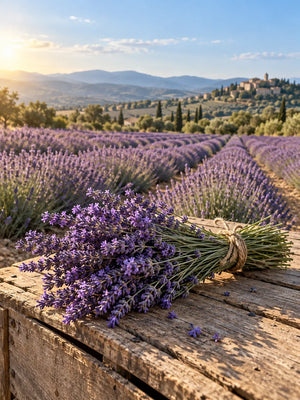 PASSIONE – Lavendel vor einem blühenden Lavendelfeld.