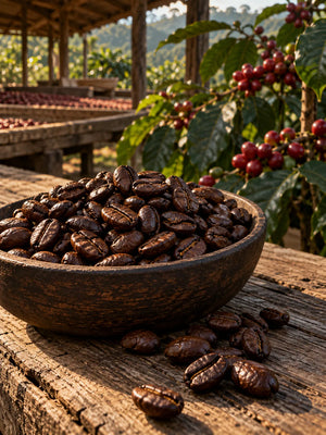 OMBRA – Geröstete Kaffeebohnen mit Kaffeepflanzen im Hintergrund.