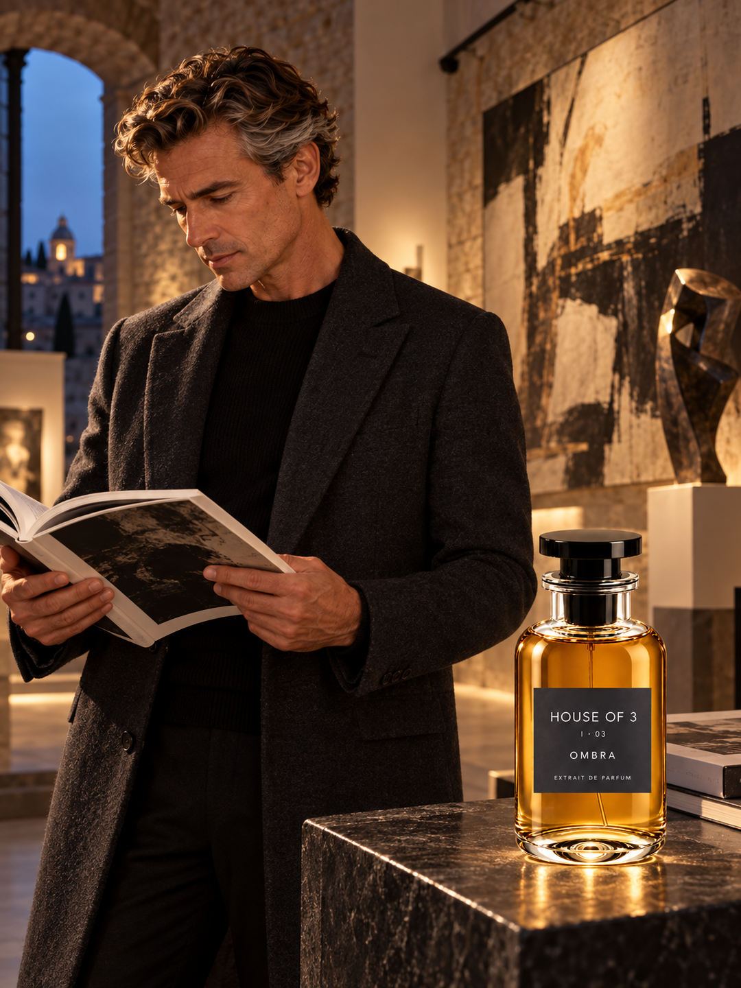 HOUSE OF 3 I · 03 OMBRA – Gentleman stehend in der Galerie, Blick auf den Kunstkatalog