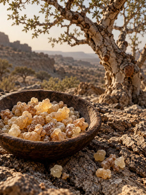 OMBRA – Weihrauchharz mit einem Boswellia-Baum im Hintergrund.