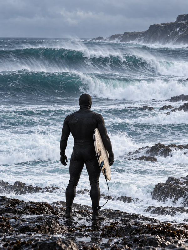 Der Maverick von hinten im Neoprenanzug mit Haube und Surfboard vor dem wilden winterlichen Ozean – HOUSE OF 3 II · 02 UNBROKEN