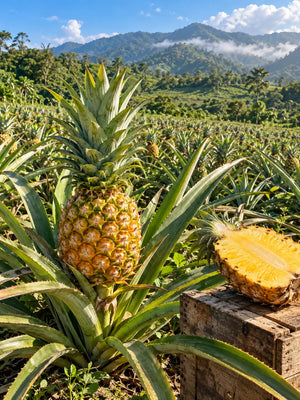 HOUSE OF 3 II · 03 WILD SUMMIT – Reife Ananas in einer tropischen Anbaulandschaft mit grünen Hügeln