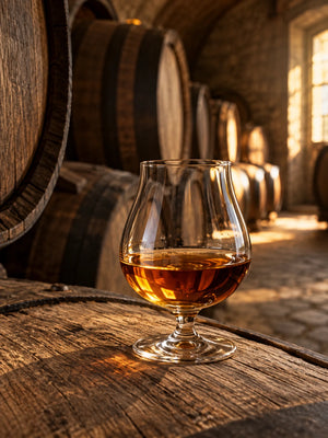 EUPHORIA – Cognacglas im warm beleuchteten Fasskeller.