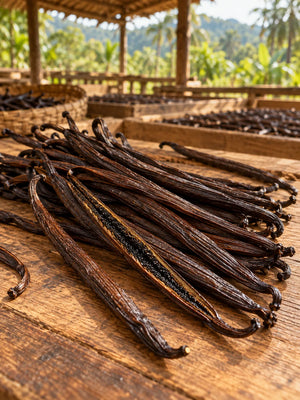 SMOKED VANILLA – Vanilleschoten auf einem Holztisch in einer tropischen Verarbeitungsstätte.