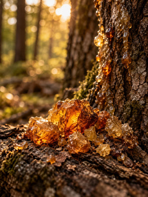 MOMENTUM – Honigfarbenes Harz auf Baumrinde als Motiv für den Amberakkord.